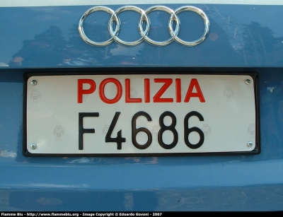 Audi A4 Avant IV serie 
Polizia Stradale in servizio sull'autostrada del Brennero A22
Seconda Fornitura
Particolare della targa
Polizia F4686
Parole chiave: Audi A4_Avant_IVserie PoliziaF4686 Festa_della_Polizia_2007